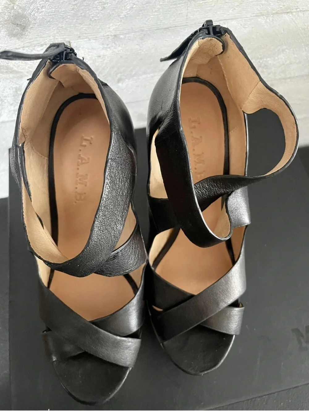 LAMB Black Leather Crisscross Platform Sandals with Cream Platform